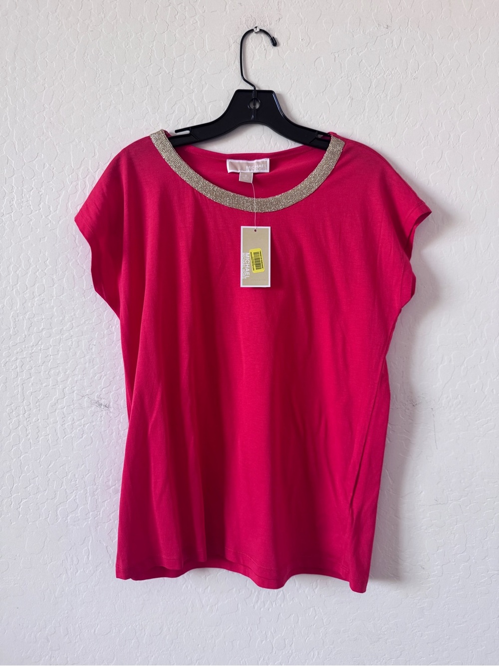 Michael Kors Fuchsia Short-Sleeve Top with Gold Embellished Neckline